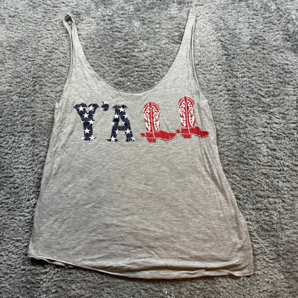 Sweet Claire Patriotic Y'ALL Cowboy Boot Tank Top Women S Gray 4th of July USA